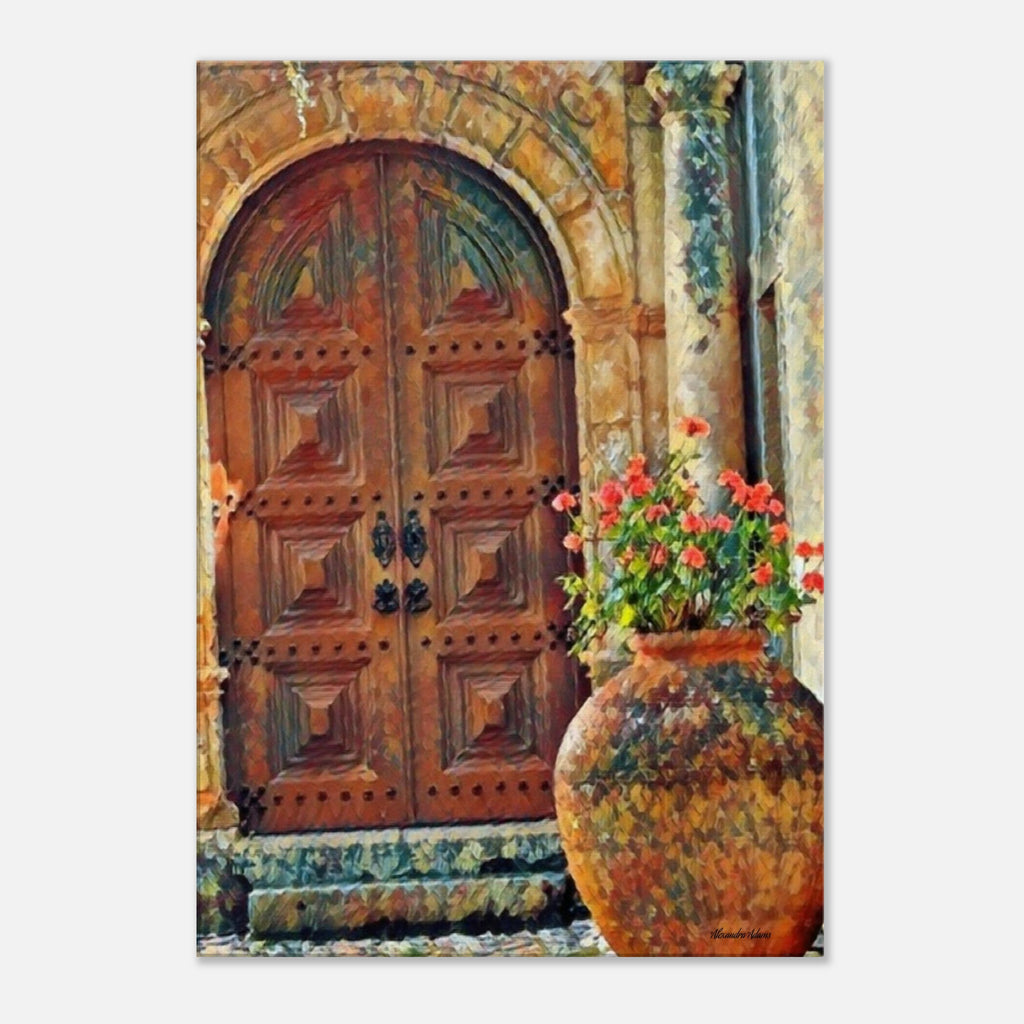 Front view of The Welcome We Leave Behind canvas print, featuring rustic arched wooden doors in warm terracotta tones beside a large flower-filled ceramic pot.