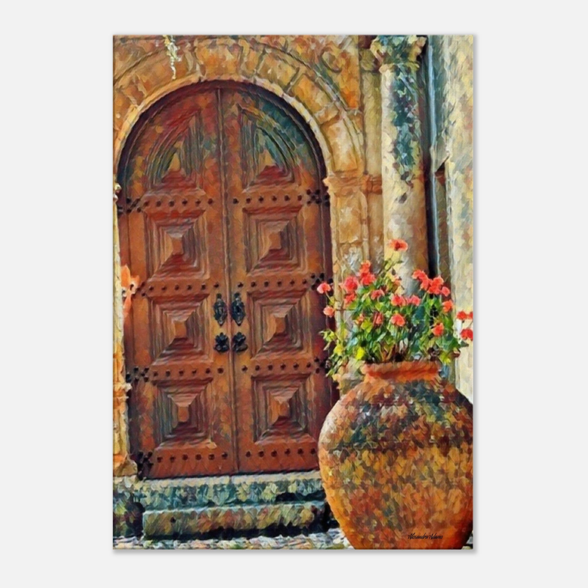 Front view of The Welcome We Leave Behind canvas print, featuring rustic arched wooden doors in warm terracotta tones beside a large flower-filled ceramic pot.