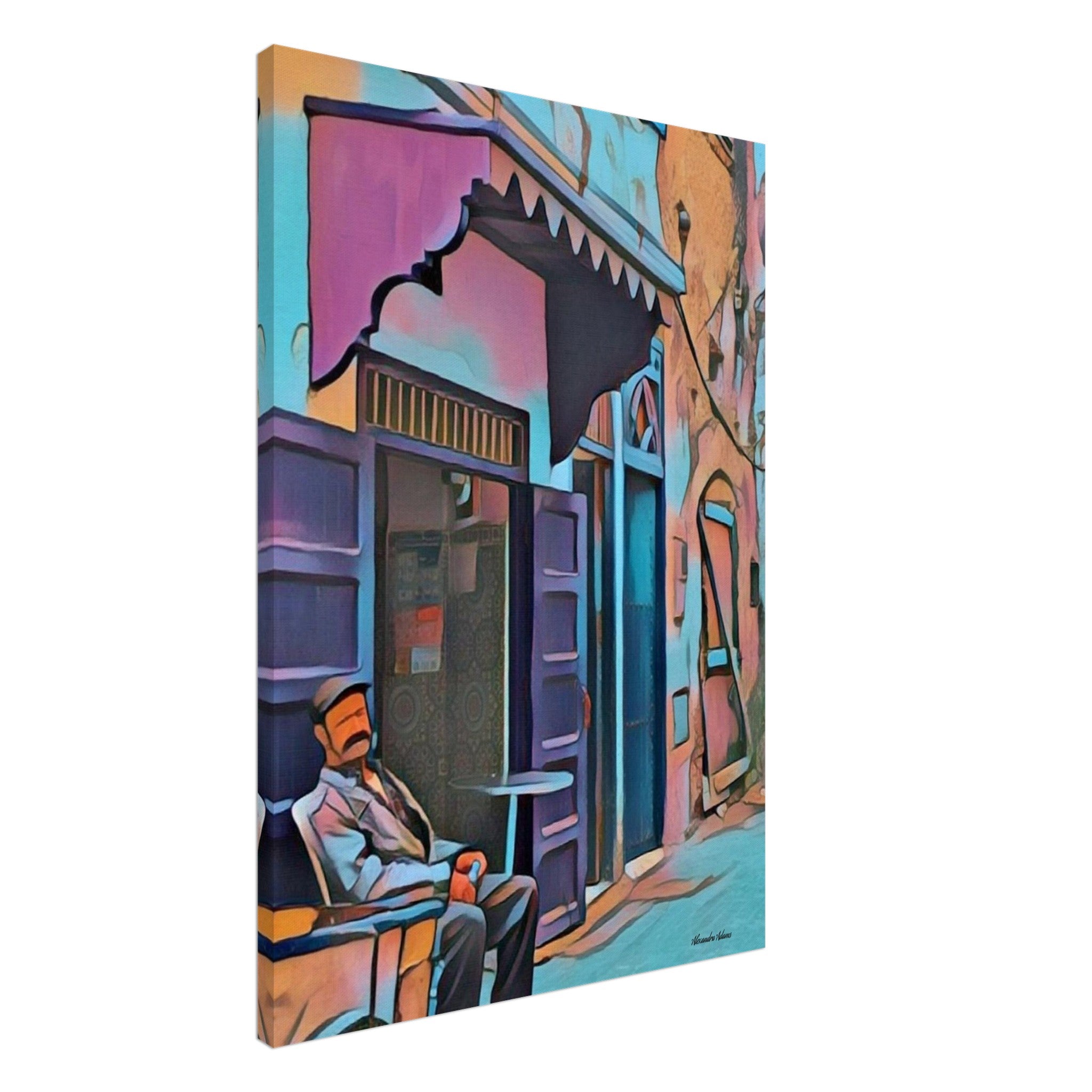 Angled canvas view of The Door That Taught Me to Wait, a colourful doorway artwork featuring a seated man outside a café