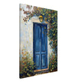 Contemporary architectural canvas artwork featuring a blue door surrounded by ivy, autumn leaves and a lantern – The Door That Waited by Alexandra Adams