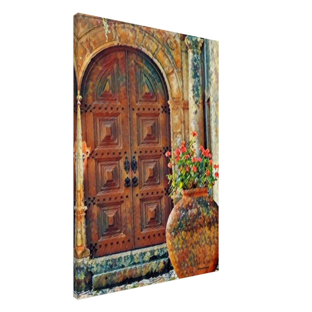 Contemporary architectural canvas artwork featuring an emerald green door, weathered stone façade and worn steps – The Door Called Tomorrow by Alexandra Adams

